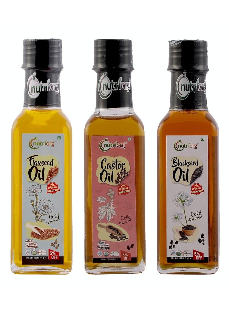 nutriorg Nutriorg Cold Pressed Organic Flax Seed Oil, Castor and Black Seeds Oil (Pack of 3 100ml) with Deep Nourishing Properties Weight Management Hair and Skin Care  - Image 1