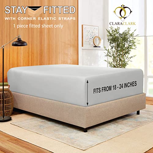 Clara Clark Stay Fitted Single Sheet, Fitted Sheet ONLY! Stay Fit on Mattress with Elastic Straps at Corners, Deep Pocket Fitted Sheet, Fits 18 to 24 Inch Mattress, Queen – Silver Light Gray - Image 1
