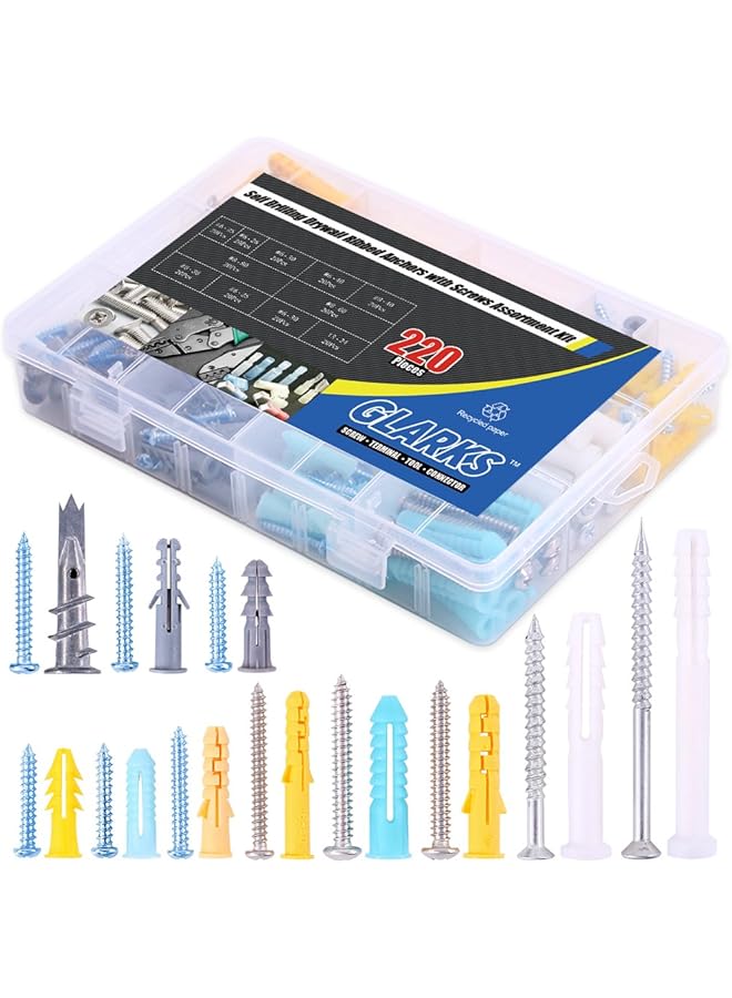 Glarks غلاكس 220 قطعة من مثبتات الجدران البلاستيكية ذاتية الحفر مع براغي لمجموعة تثبيت للأرفف أو الستائر في الجدران الفارغة - Image 1