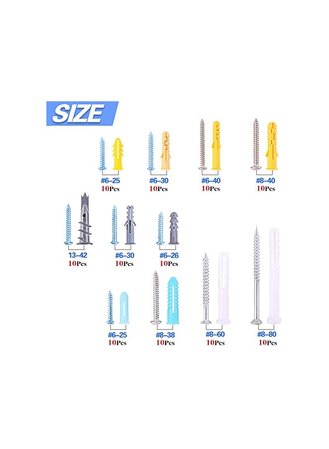 Glarks غلاكس 220 قطعة من مثبتات الجدران البلاستيكية ذاتية الحفر مع براغي لمجموعة تثبيت للأرفف أو الستائر في الجدران الفارغة - Image 2