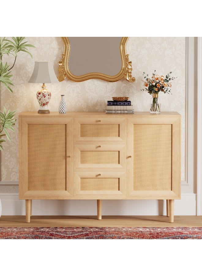Chogori Rattan Storage Cabinet with 3 Drawers and 2 Doors – Boho Farmhouse Sideboard Buffet Cabinet, Solid Wood Credenza with Adjustable Shelves for Living Room, Kitchen, Entryway, Hallway - Image 1