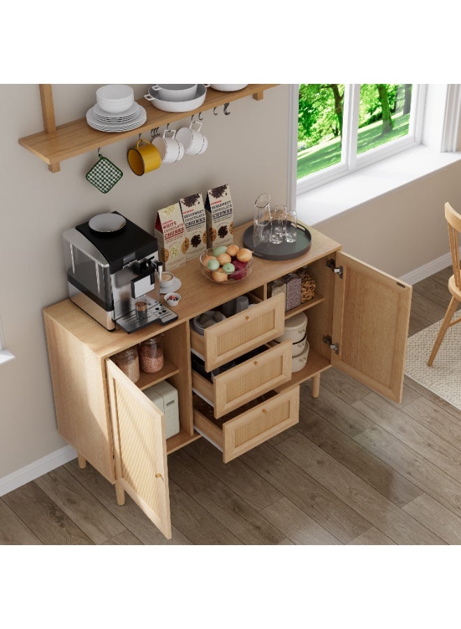 Chogori Rattan Storage Cabinet with 3 Drawers and 2 Doors – Boho Farmhouse Sideboard Buffet Cabinet, Solid Wood Credenza with Adjustable Shelves for Living Room, Kitchen, Entryway, Hallway - Image 3