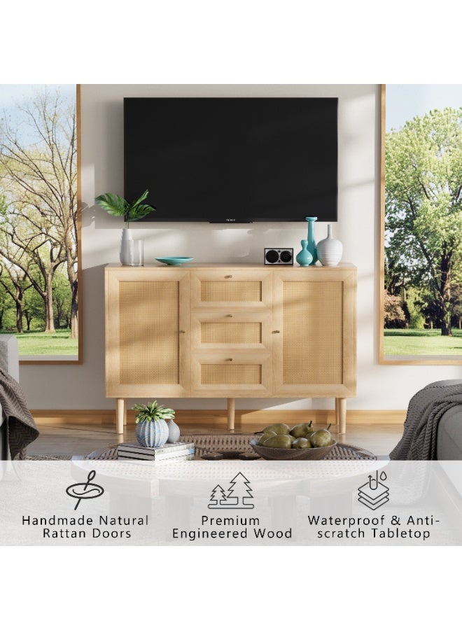 Chogori Rattan Storage Cabinet with 3 Drawers and 2 Doors – Boho Farmhouse Sideboard Buffet Cabinet, Solid Wood Credenza with Adjustable Shelves for Living Room, Kitchen, Entryway, Hallway - Image 4