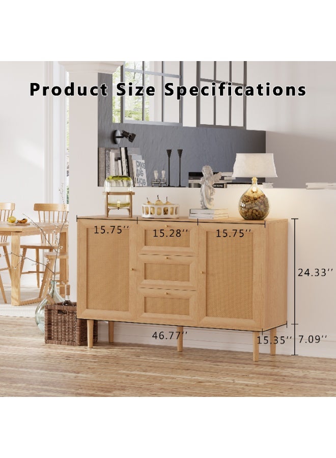 Chogori Rattan Storage Cabinet with 3 Drawers and 2 Doors – Boho Farmhouse Sideboard Buffet Cabinet, Solid Wood Credenza with Adjustable Shelves for Living Room, Kitchen, Entryway, Hallway - Image 2