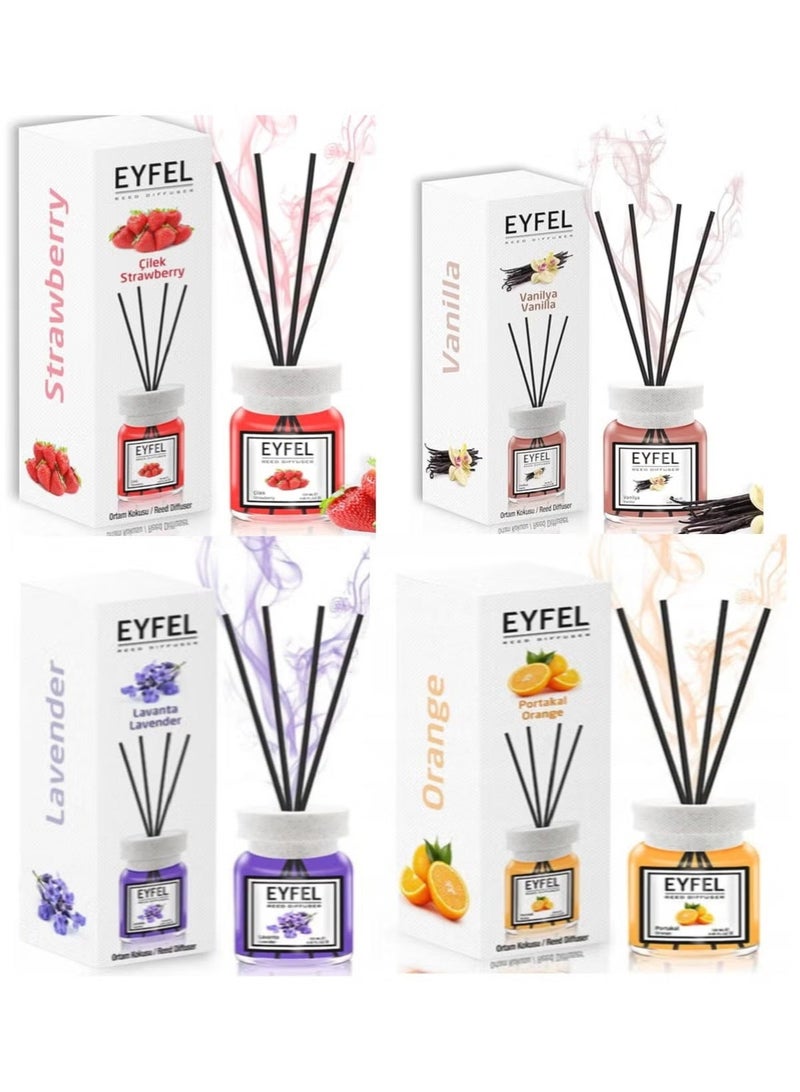 EYFEL Pack of 4 Reed Diffuser Combo LAVANDER ORRANGE STRAWBERRY VANILLA 4x120 480ml - Image 1