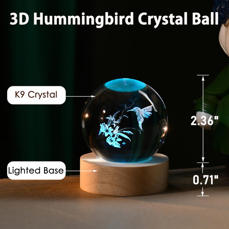 IFOLAINA 3D Hummingbird Crystal Ball with Wooden Light Base 2.36" Engraved Hummingbird Glass Decorative Globe Lamp Decor Hummingbird Gifts for Women Friends Lovers - Image 4