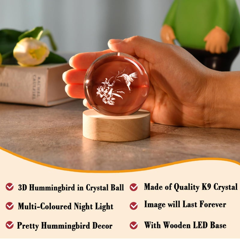 IFOLAINA 3D Hummingbird Crystal Ball with Wooden Light Base 2.36" Engraved Hummingbird Glass Decorative Globe Lamp Decor Hummingbird Gifts for Women Friends Lovers - Image 2