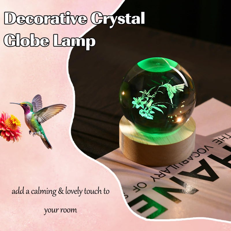 IFOLAINA 3D Hummingbird Crystal Ball with Wooden Light Base 2.36" Engraved Hummingbird Glass Decorative Globe Lamp Decor Hummingbird Gifts for Women Friends Lovers - Image 5