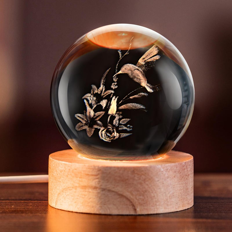 IFOLAINA 3D Hummingbird Crystal Ball with Wooden Light Base 2.36" Engraved Hummingbird Glass Decorative Globe Lamp Decor Hummingbird Gifts for Women Friends Lovers - Image 1