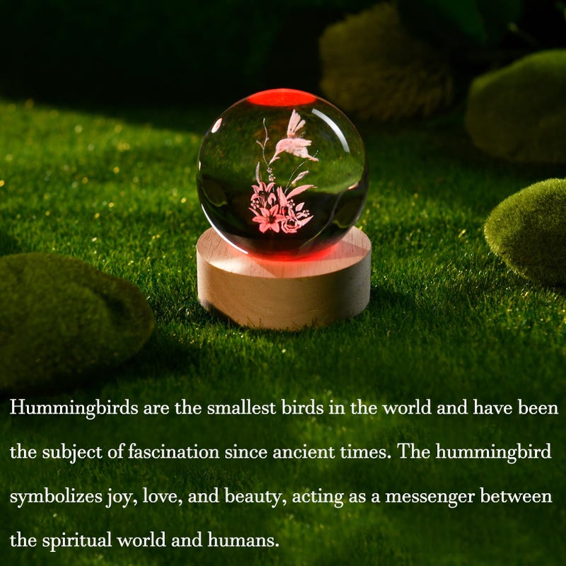 IFOLAINA 3D Hummingbird Crystal Ball with Wooden Light Base 2.36" Engraved Hummingbird Glass Decorative Globe Lamp Decor Hummingbird Gifts for Women Friends Lovers - Image 3
