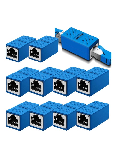 RJ45 Coupler 10 Pack in Line Coupler Cat7 Cat6 Cat5 Cat5e Ethernet Network Cable Extender Adapter Female to Female Support 100BASE TX Blue