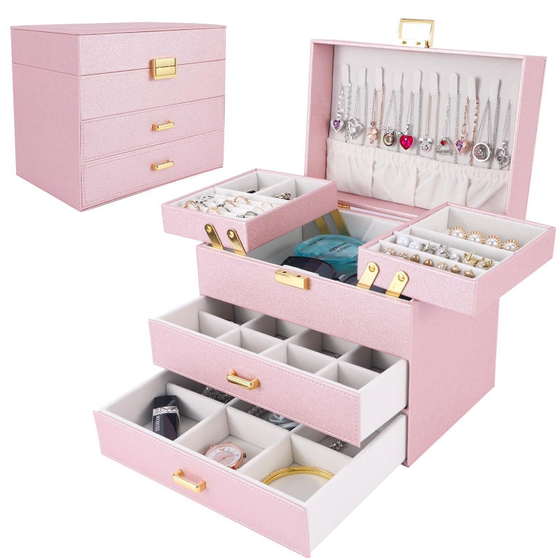 Dajasan Jewelry Boxes for Women Girls Jewelry Storage Organizer 4 Layers Large Jewelry Organizer Box with 2 Drawers for Friends Wife or Mother Gift Pink