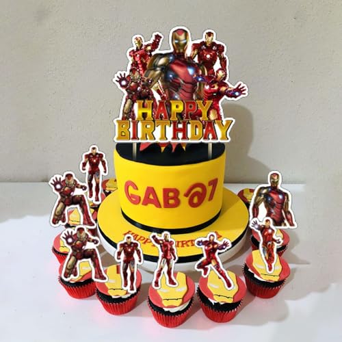 PINUO 𝓘𝓻𝓸𝓷 𝓜𝓪𝓷 Birthday Party Decorations,Iron Hero Party Supplies Includes Cartoon Iron Hero Birthday Banner Balloons Cupcake Toppers Cake Topper Party Favors - Image 4