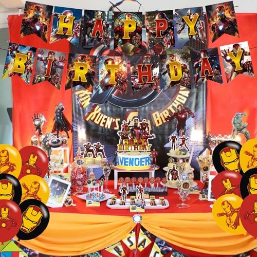 PINUO 𝓘𝓻𝓸𝓷 𝓜𝓪𝓷 Birthday Party Decorations,Iron Hero Party Supplies Includes Cartoon Iron Hero Birthday Banner Balloons Cupcake Toppers Cake Topper Party Favors - Image 5
