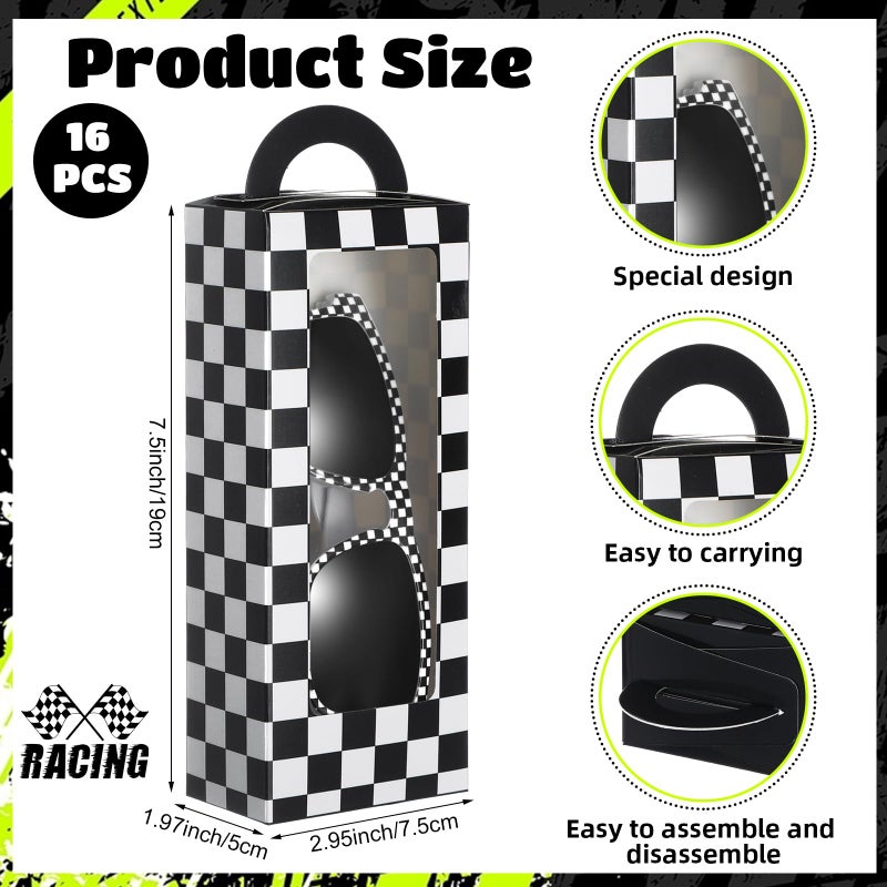 Tellegloww 32 Pcs Race Car Party Favors Set 16 Black and White Checkered Favor Boxes and 16 Checkered Sunglasses Gift Boxes for Race Car Party Birthday Decorations - Image 2