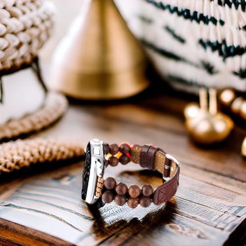 Wingoden Slim Bands Compatible with Apple Watch Bands 38mm 40mm 41mm 42mm for Women Men, Genuine Leather Natural Wood Beads Thin Wristband Replacement Strap for iWatch Band Series 10 9 8 7 6 5 4 3 2 1 SE Ultra 2, Deep Brown - Image 5