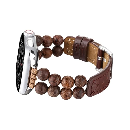 Wingoden Slim Bands Compatible with Apple Watch Bands 38mm 40mm 41mm 42mm for Women Men, Genuine Leather Natural Wood Beads Thin Wristband Replacement Strap for iWatch Band Series 10 9 8 7 6 5 4 3 2 1 SE Ultra 2, Deep Brown - Image 1
