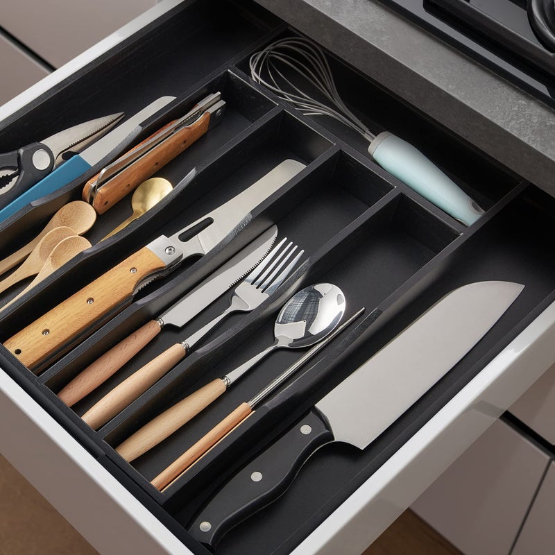 oridom Expandable Bamboo Kitchen Drawer Organizer for Cutlery and Utensils, Adjustable Bamboo Wood Cutlery Tray in Drawer for Flatware and Silverware in Kitchen, (Black) - Image 2