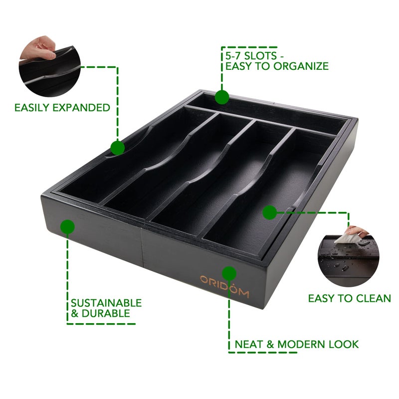 oridom Expandable Bamboo Kitchen Drawer Organizer for Cutlery and Utensils, Adjustable Bamboo Wood Cutlery Tray in Drawer for Flatware and Silverware in Kitchen, (Black) - Image 4