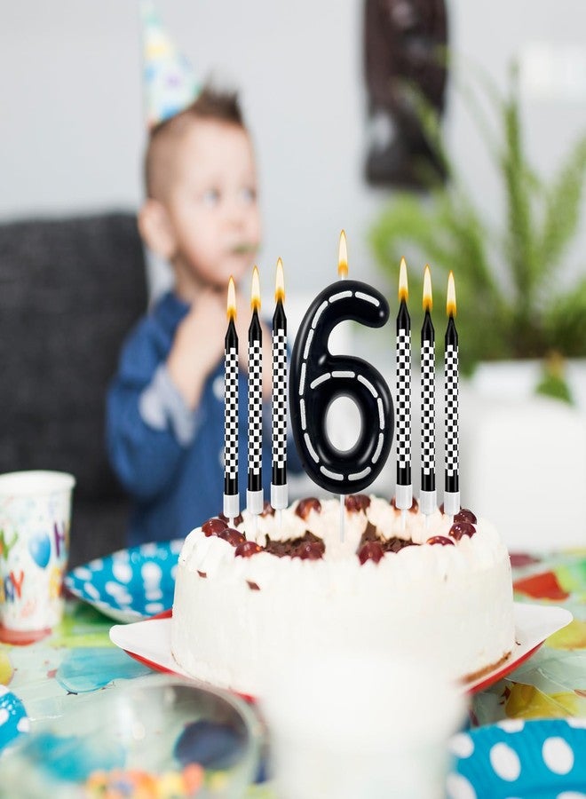 Zlongron 13-Pack Black & White Checkered Racing Birthday Candles – Number Candle with Checkered Candles for Race Car Theme Cake Decorations, Birthday Party Supplies（6） - Image 5