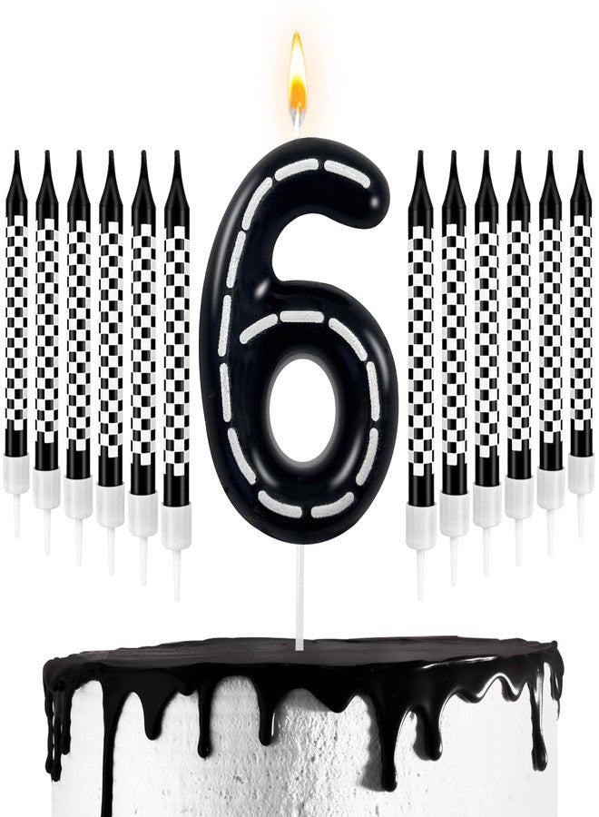 Zlongron 13-Pack Black & White Checkered Racing Birthday Candles – Number Candle with Checkered Candles for Race Car Theme Cake Decorations, Birthday Party Supplies（6） - Image 1