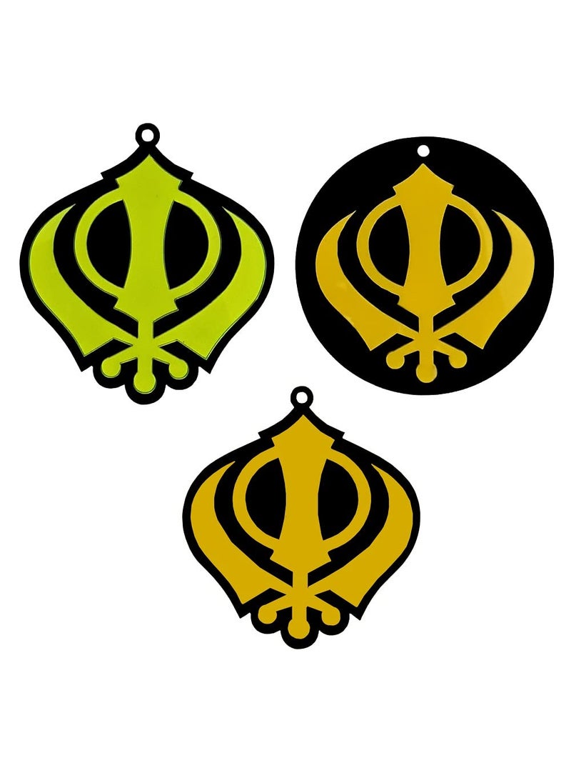Divya Mantra Divya Mantra Sikh Khanda for Car Home Wall Decor Temple Pooja Items Sacred Religious Decorative Showpiece Interior Hanging Accessories Puja Symbol Lucky Charm Double Sided Green Yellow Set of 3  - Image 1