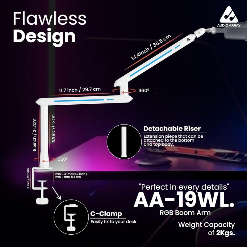Audio Array حامل ميكروفون AA-19WL RGB منخفض الارتفاع مع رافع | مدى 71 سم و 20 تأثير إضاءة RGB و إدارة كابلات مدمجة | تشطيب غير لامع مع تعديلات مرنة | سعة وزن 2 كجم | أبيض - Image 4