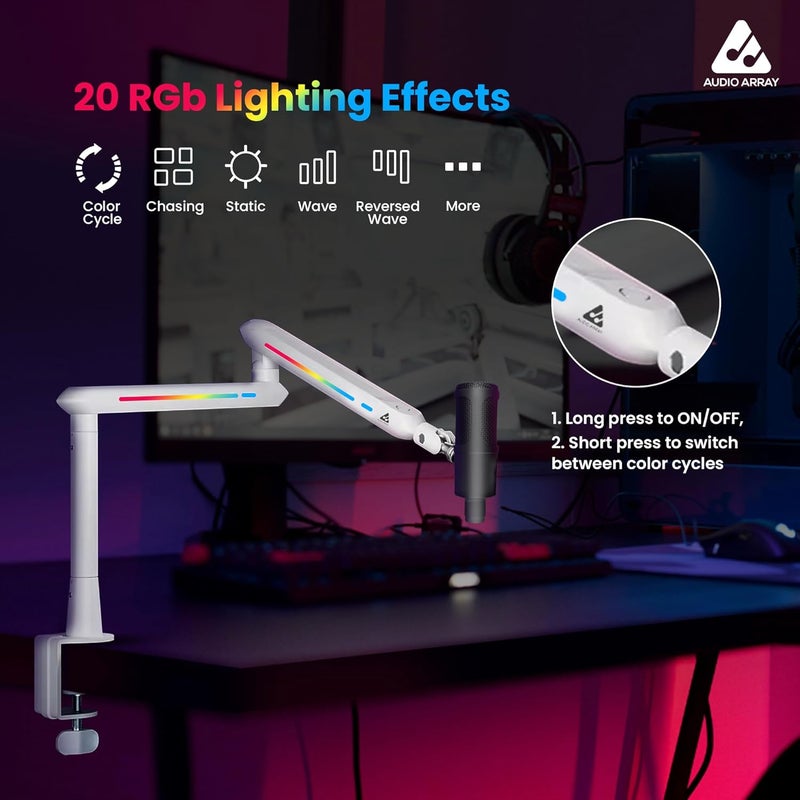 Audio Array حامل ميكروفون AA-19WL RGB منخفض الارتفاع مع رافع | مدى 71 سم و 20 تأثير إضاءة RGB و إدارة كابلات مدمجة | تشطيب غير لامع مع تعديلات مرنة | سعة وزن 2 كجم | أبيض - Image 5