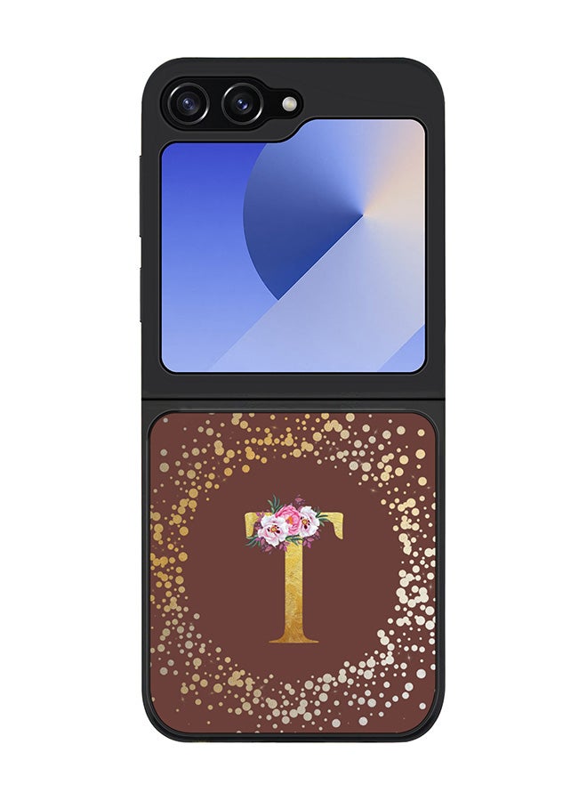 Stylizedd Rugged Black edge case for Samsung Galaxy Z Flip7 FE, Slim fit Case Flexible Cover - Custom Monogram Initial Letter Floral Pattern Alphabet - T (Brown ) - Image 1