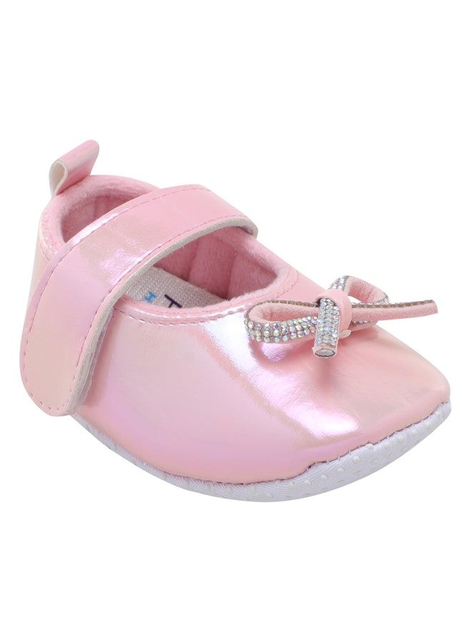 PureSole Baby Girl Party Booties - Shiny Pearl Finish with Rhinestone Bow & Soft Sole | Lightweight Pre-Walker Shoes with Hook & Loop Strap for Infants (6-12 Months) Pink - Image 1