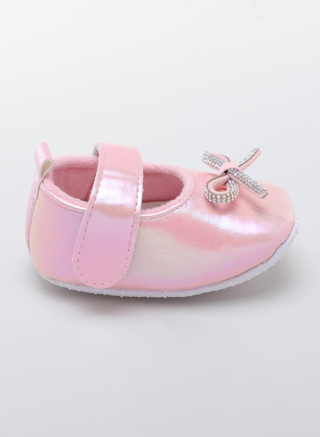 PureSole Baby Girl Party Booties - Shiny Pearl Finish with Rhinestone Bow & Soft Sole | Lightweight Pre-Walker Shoes with Hook & Loop Strap for Infants (6-12 Months) Pink - Image 3
