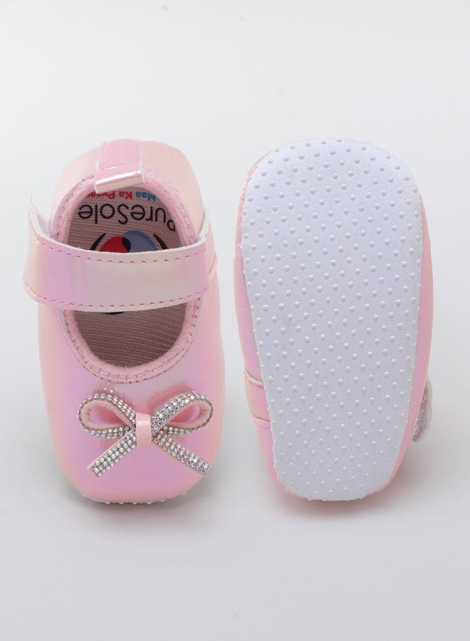 PureSole Baby Girl Party Booties - Shiny Pearl Finish with Rhinestone Bow & Soft Sole | Lightweight Pre-Walker Shoes with Hook & Loop Strap for Infants (6-12 Months) Pink - Image 5