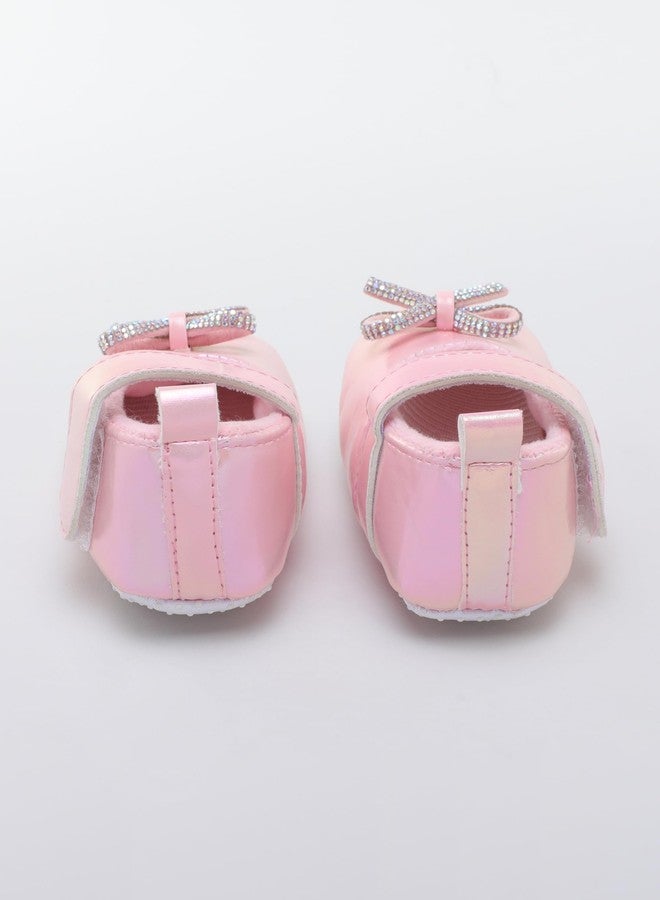 PureSole Baby Girl Party Booties - Shiny Pearl Finish with Rhinestone Bow & Soft Sole | Lightweight Pre-Walker Shoes with Hook & Loop Strap for Infants (6-12 Months) Pink - Image 4