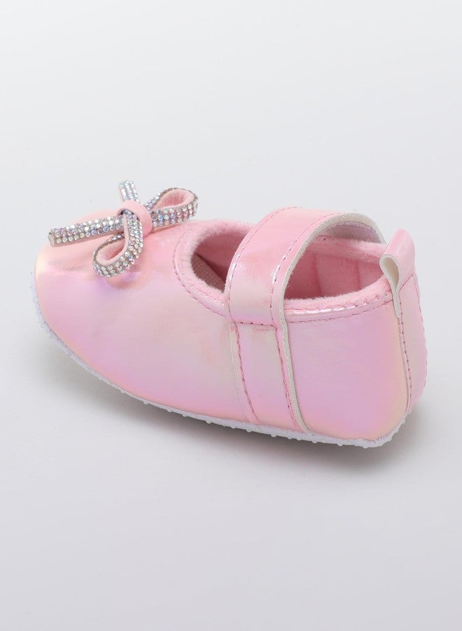 PureSole Baby Girl Party Booties - Shiny Pearl Finish with Rhinestone Bow & Soft Sole | Lightweight Pre-Walker Shoes with Hook & Loop Strap for Infants (6-12 Months) Pink - Image 2