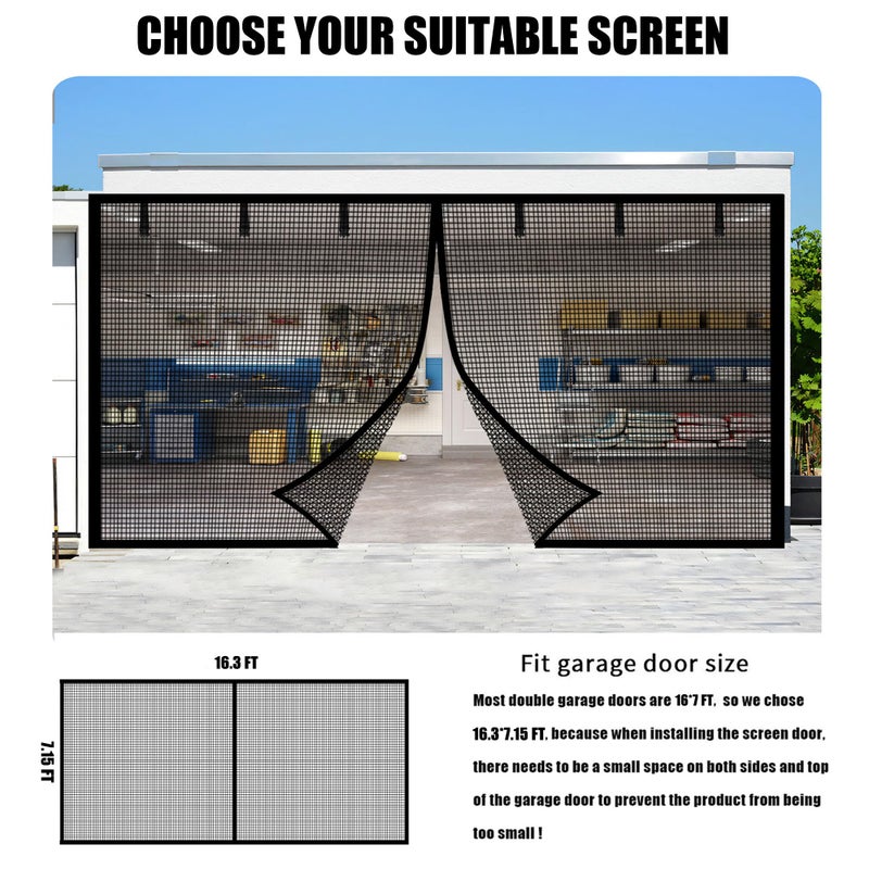 LIAMST Garage Door Screen for 2 Car Garage-16x7FT Magnetic Garage Door Screen,Upgraded Heavy Duty Polyethylene Terephthalate with 6 Roll Up Starps for Patio, Outdoor Black - Image 2