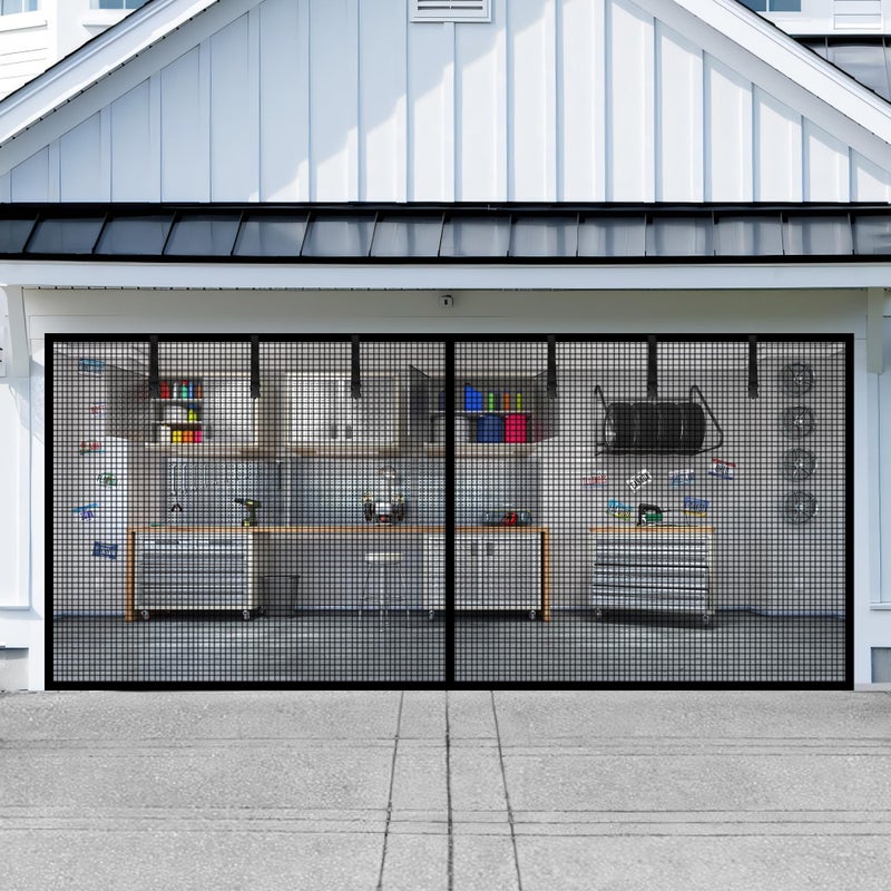 LIAMST Garage Door Screen for 2 Car Garage-16x7FT Magnetic Garage Door Screen,Upgraded Heavy Duty Polyethylene Terephthalate with 6 Roll Up Starps for Patio, Outdoor Black - Image 1