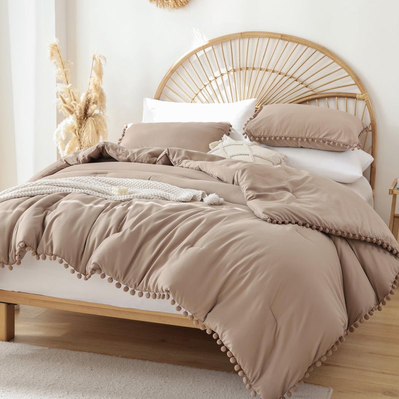YIRDDEO King Size Comforter Set King Size Comforter with Ball Pom Fringe Soft King Bedding Set for All Seasons 3 Pieces 1 Comforter 104x90inches 2 Pillow Shams20x36 Taupe