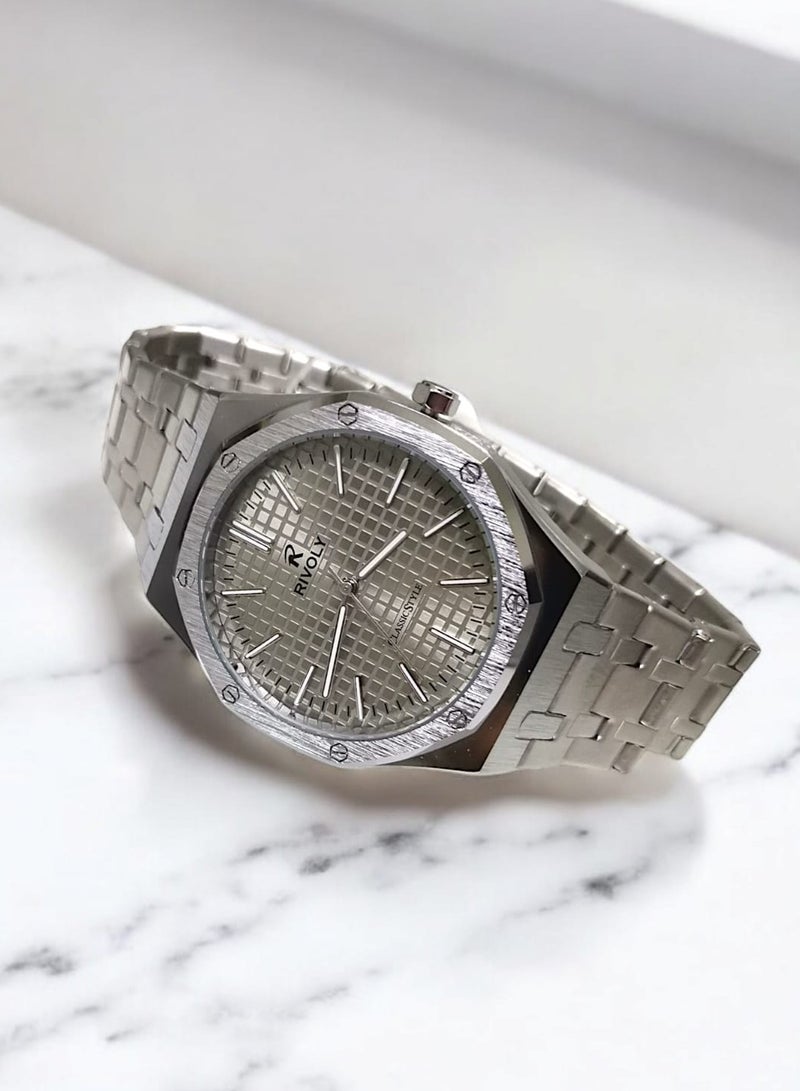 Rivoly Men's Stainless Steel Analog Quartz Watch, Easy to Read Fashion Design Waterproof Classic Luxury Big Face Wrist Watch - Image 5