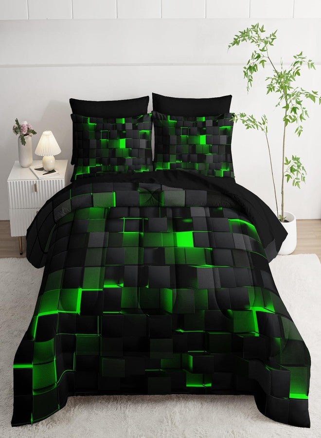 Nttopship Geometric Green Black Full Comforter Set,Light Honeycomb Bedding Set 7 Piece in A Bag,Bed Sheet Set Geometry Decor,Microfiber Lightweight All Season - Image 1