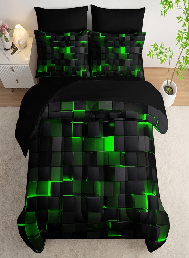 Nttopship Geometric Green Black Full Comforter Set,Light Honeycomb Bedding Set 7 Piece in A Bag,Bed Sheet Set Geometry Decor,Microfiber Lightweight All Season - Image 4