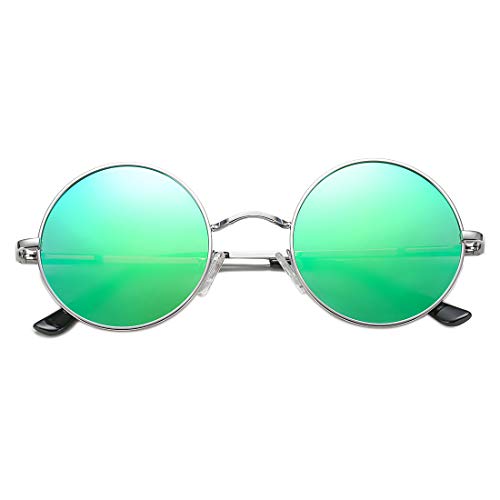 COASION Retro Small Round Polarized Sunglasses for Women Men Circle UV400 Sun Glasses (Silver Frame/Green Mirror Lens) - Image 1