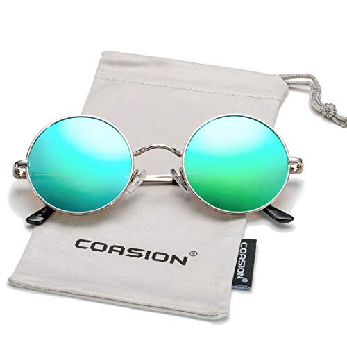 COASION Retro Small Round Polarized Sunglasses for Women Men Circle UV400 Sun Glasses (Silver Frame/Green Mirror Lens) - Image 3