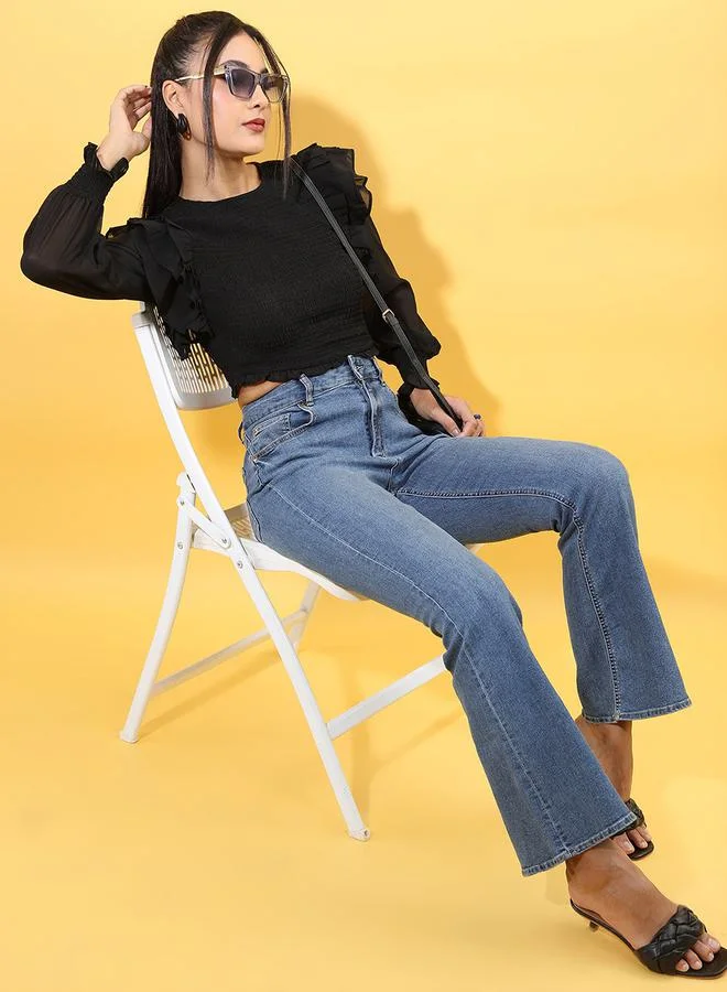 طوكيو توكيز Mesh Ruffle Detail Smocked Volume Sleeves Crop Top by Styli
