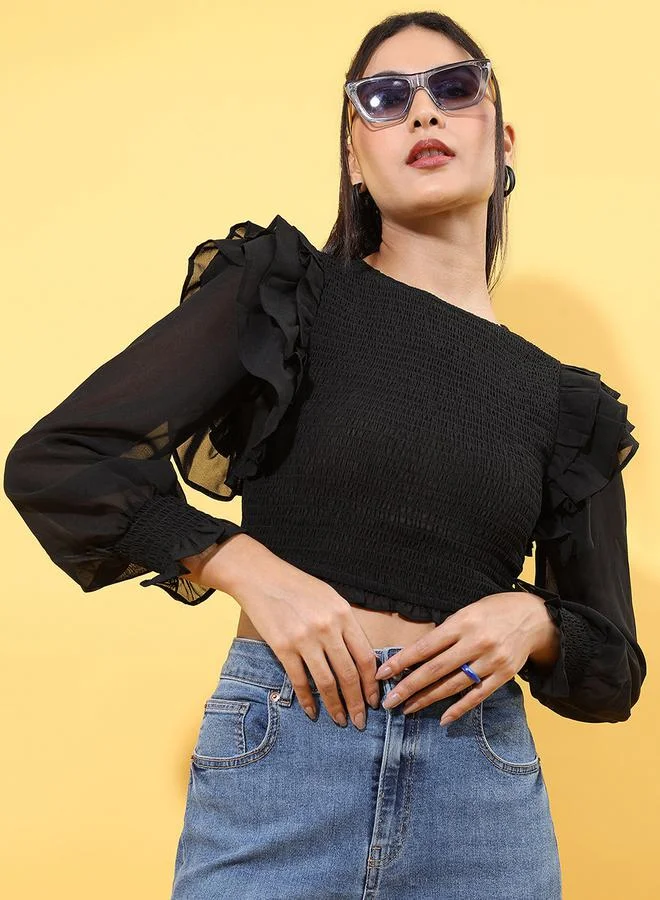 طوكيو توكيز Mesh Ruffle Detail Smocked Volume Sleeves Crop Top by Styli