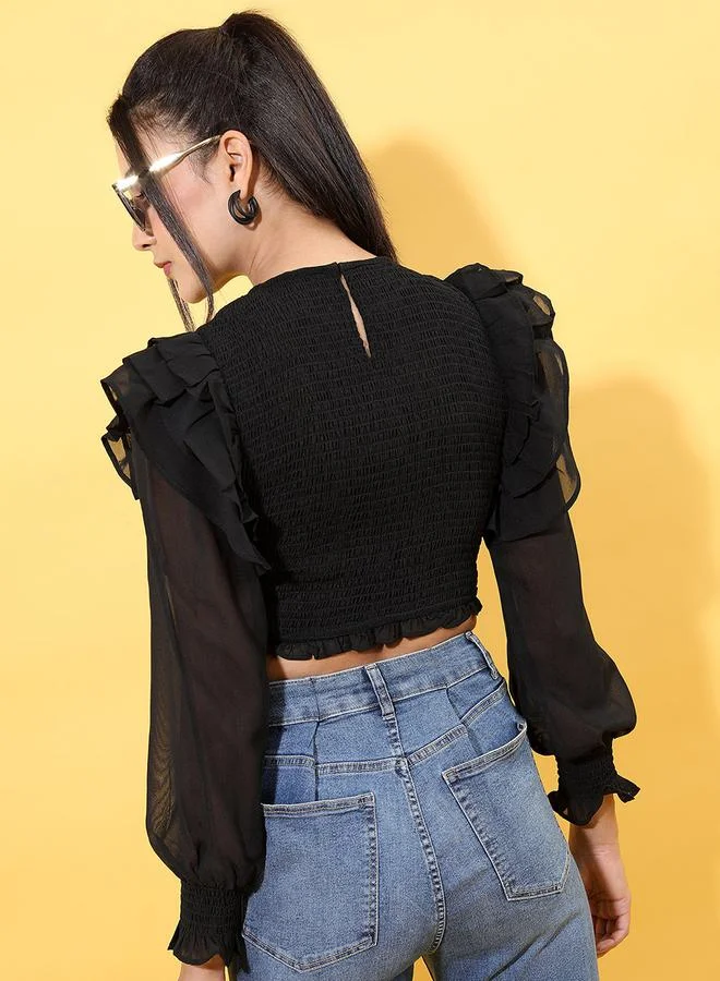 طوكيو توكيز Mesh Ruffle Detail Smocked Volume Sleeves Crop Top by Styli