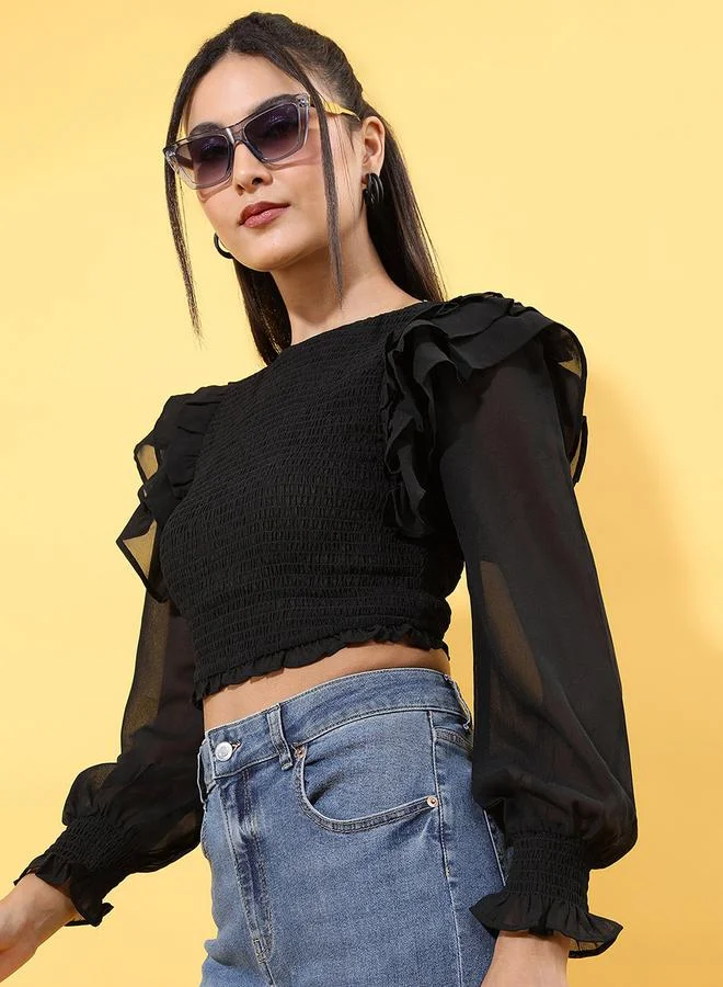 طوكيو توكيز Mesh Ruffle Detail Smocked Volume Sleeves Crop Top by Styli