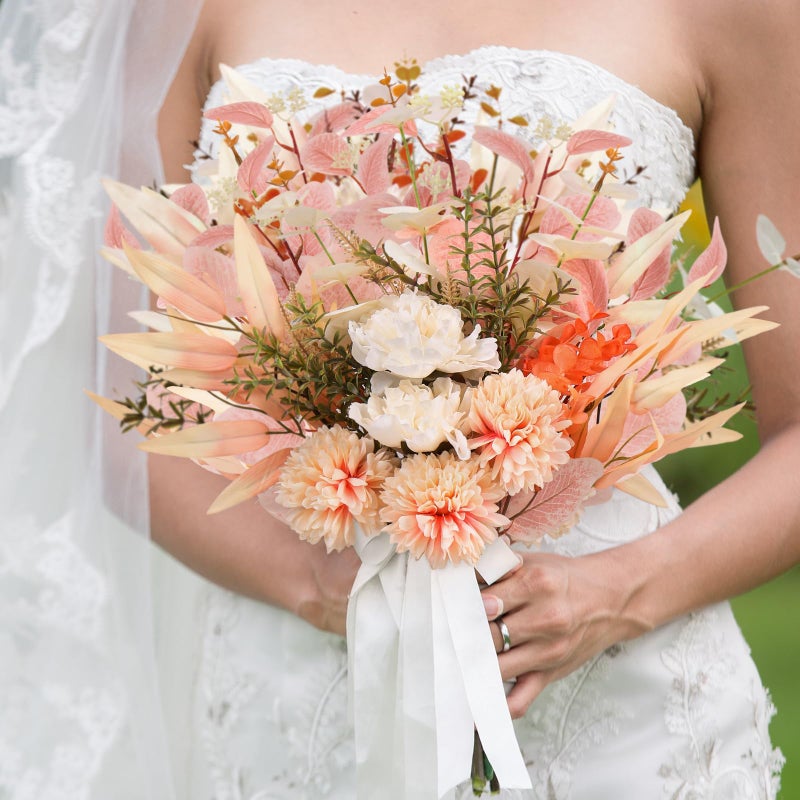 Pusuny Fake Artificial Flowers Bouquet for Decoration, Silk Flower Arrangements Faux Flowers Plant Wedding Bride Bouquets Tables Centerpieces for Rustic Home Decor Indoor Vase Floral Table Decor (Champagne) - Image 4