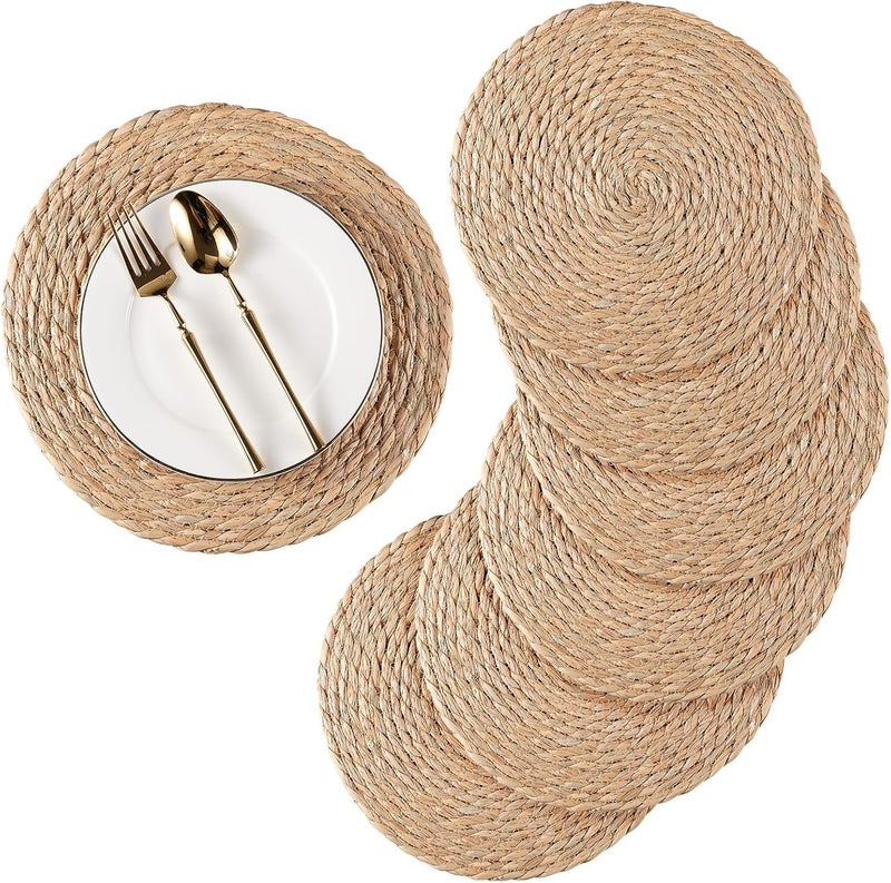 RUNTIVAN Round Woven Placemats Set of 4, Natural Water Hyacinth Place mats, 13.5 inch Rattan Placemats Wicker Placemats Farmhouse Boho Braided Heat Resistant Outdoor Placemat Patio Table Place Mats - Image 1