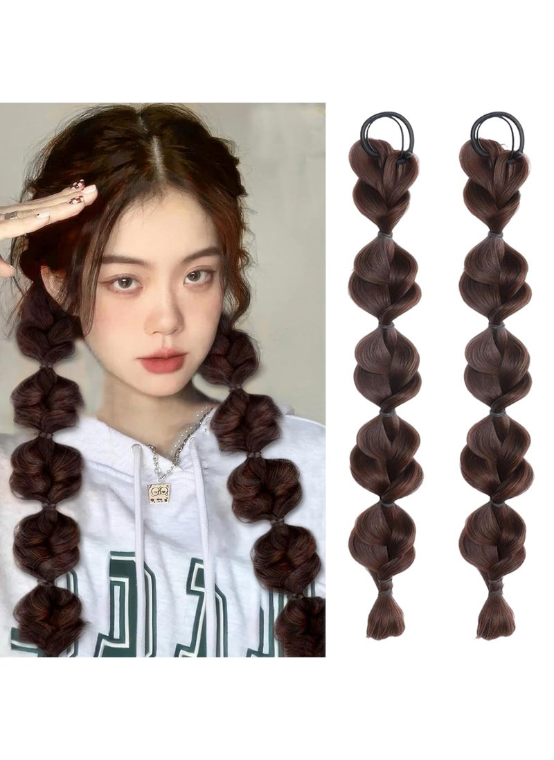 BASEMMAHER 2 Pcs Bubble Ponytail Wig Synthetic Braided Hair Extensions with Hair Ties Hair Band Wrap Around Pony Tail Hairpieces for Women Girls Daily Wear Hair Accessories Dark Brown 