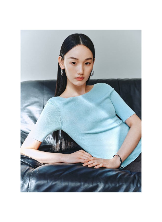 Waxbird Women'S Seamless Short Sleeve Knitwear Spring/Summer Innerwear Simple Texture Blue L - Image 5